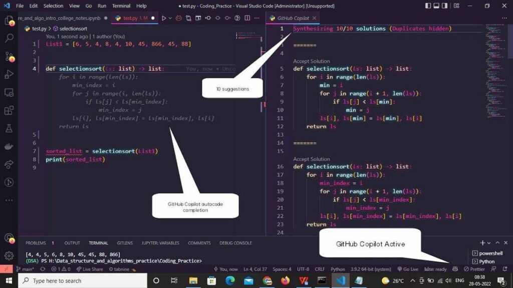 Visual studio code text editor with github copilot feature