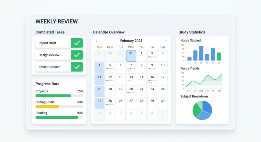 Weekly review dashboard showing completed tasks, progress bars, and upcoming study goals