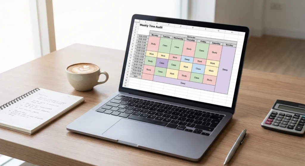 Weekly time audit spreadsheet showing a student's daily activities in 30-minute time blocks