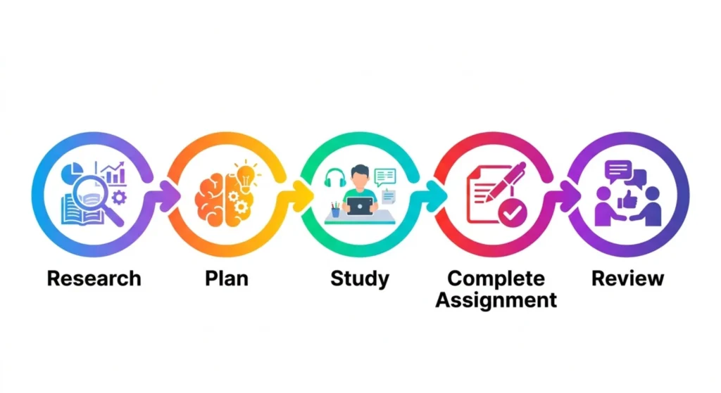 Workflow diagram showing research, planning, studying, completing assignments, and weekly review