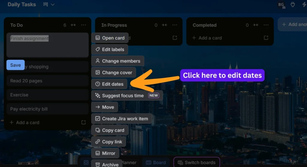 trello to do list's edit options of added cards
